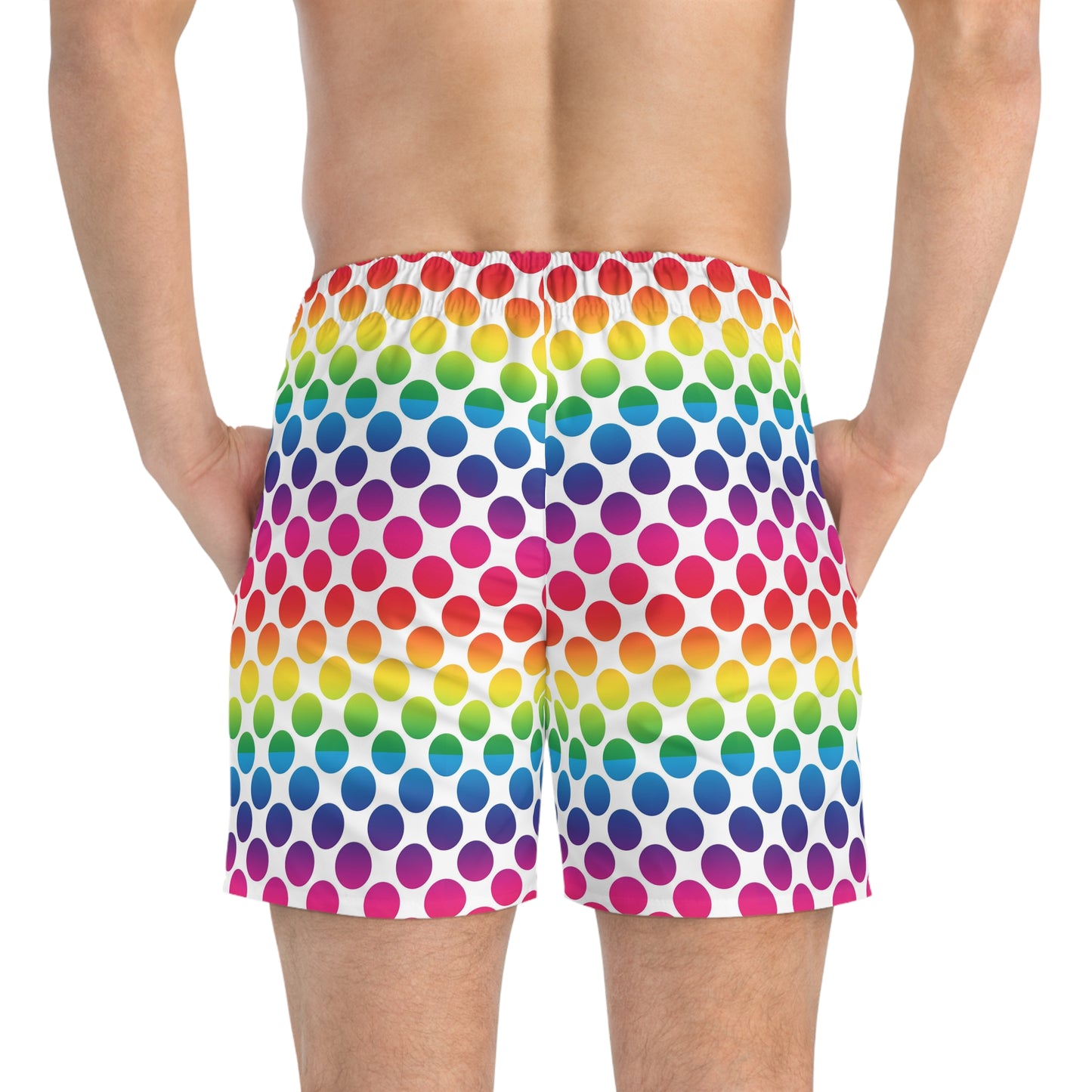 Vibrant Rainbow Polka Dot Swim Trunks, Fun Beachwear, Summer Pool Party Shorts, Gifts for Vacationers, Colorful Swimming Apparel