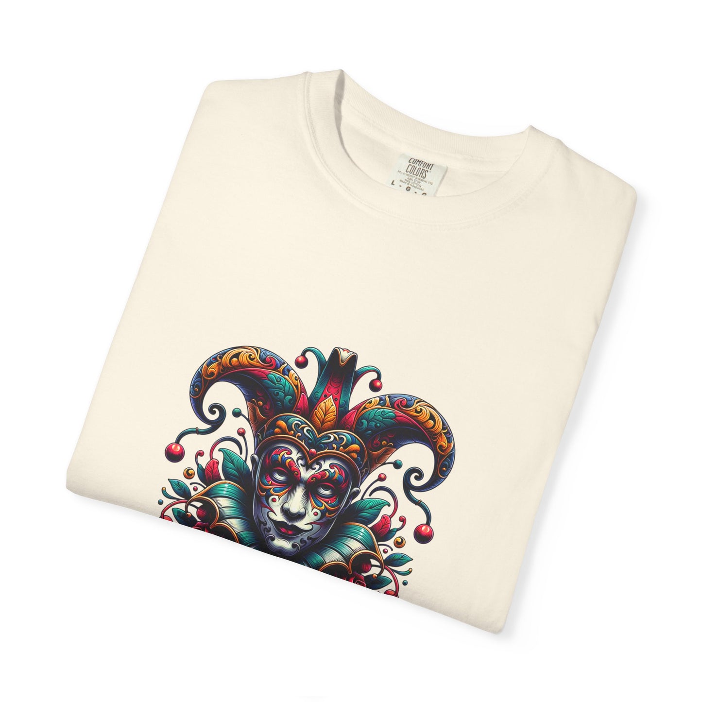 Vibrant Unisex Garment-Dyed T-shirt Featuring Colorful Jester Design, Festival Fashion