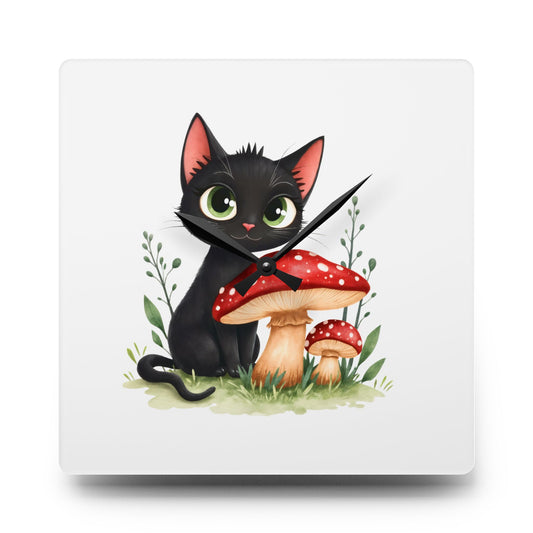 Whimsical Cat & Mushroom Acrylic Wall Clock