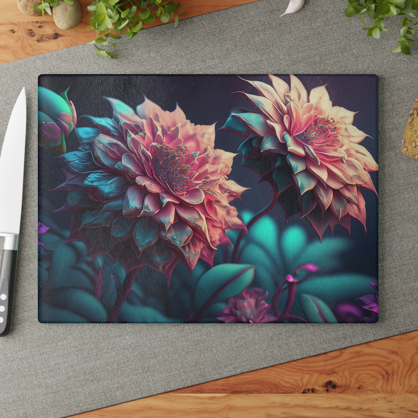 Floral Glass Cutting Board - Kitchen Decor, Wedding Gift, Home Cooking, Floral Art, Unique Kitchen Accessories