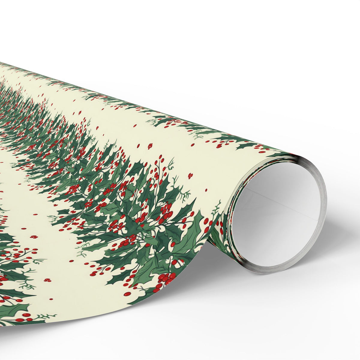 Wrapping Paper Roll — Festive Green Wreath & Red Berry Holiday Wrap