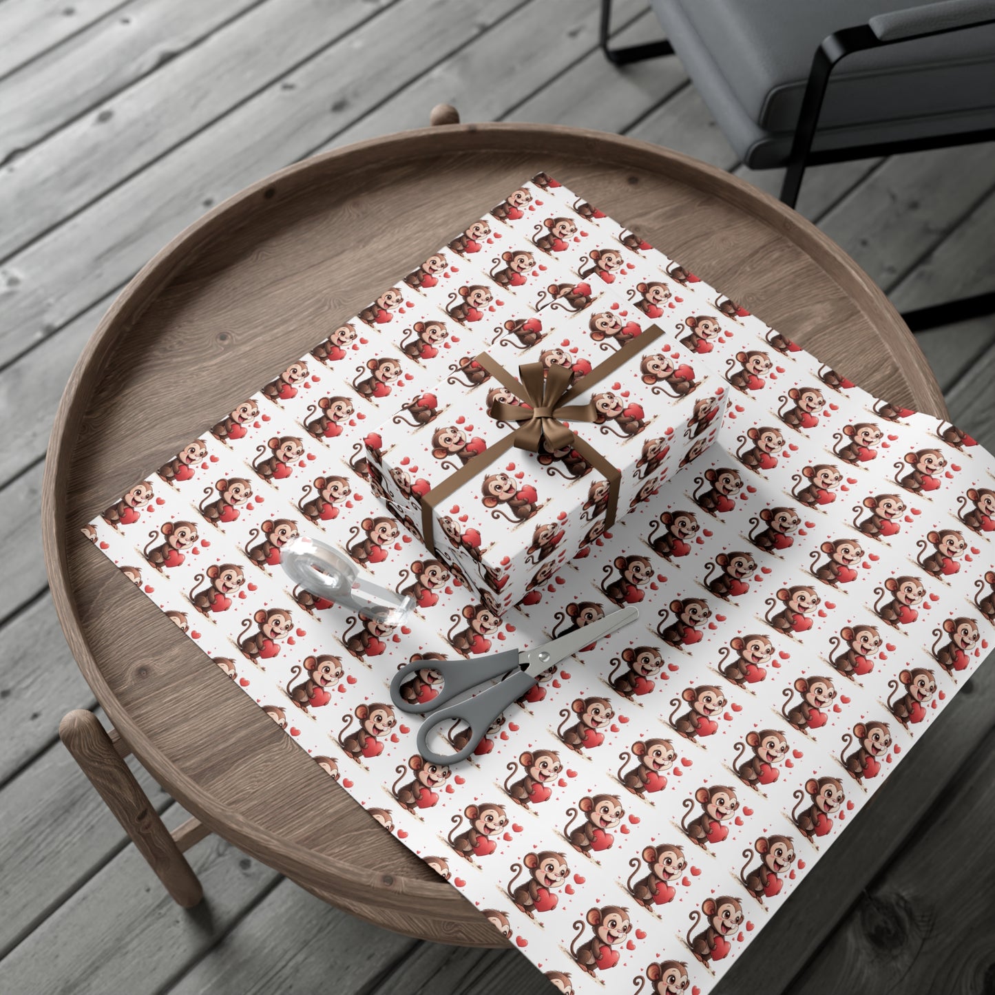Cute Monkey Valentine's Gift Wrap Paper, Festive Wrapping Paper for Kids, Holiday Gift Wrap, Birthday Wrap, Monkey Love Print