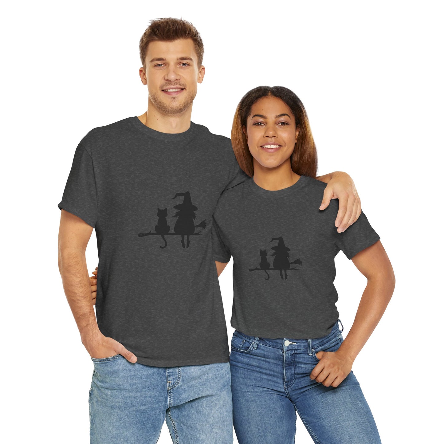 Witch and Cat Tee | Spooky Unisex Shirt for Halloween | Cute Witchwear for Cat Lovers | Fall Wardrobe Essential | Gift for Magical Friends