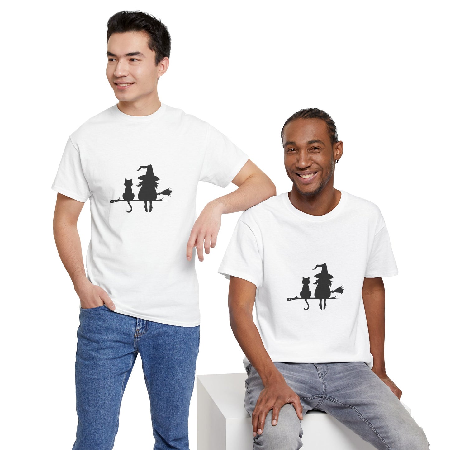 Witch and Cat Tee | Spooky Unisex Shirt for Halloween | Cute Witchwear for Cat Lovers | Fall Wardrobe Essential | Gift for Magical Friends