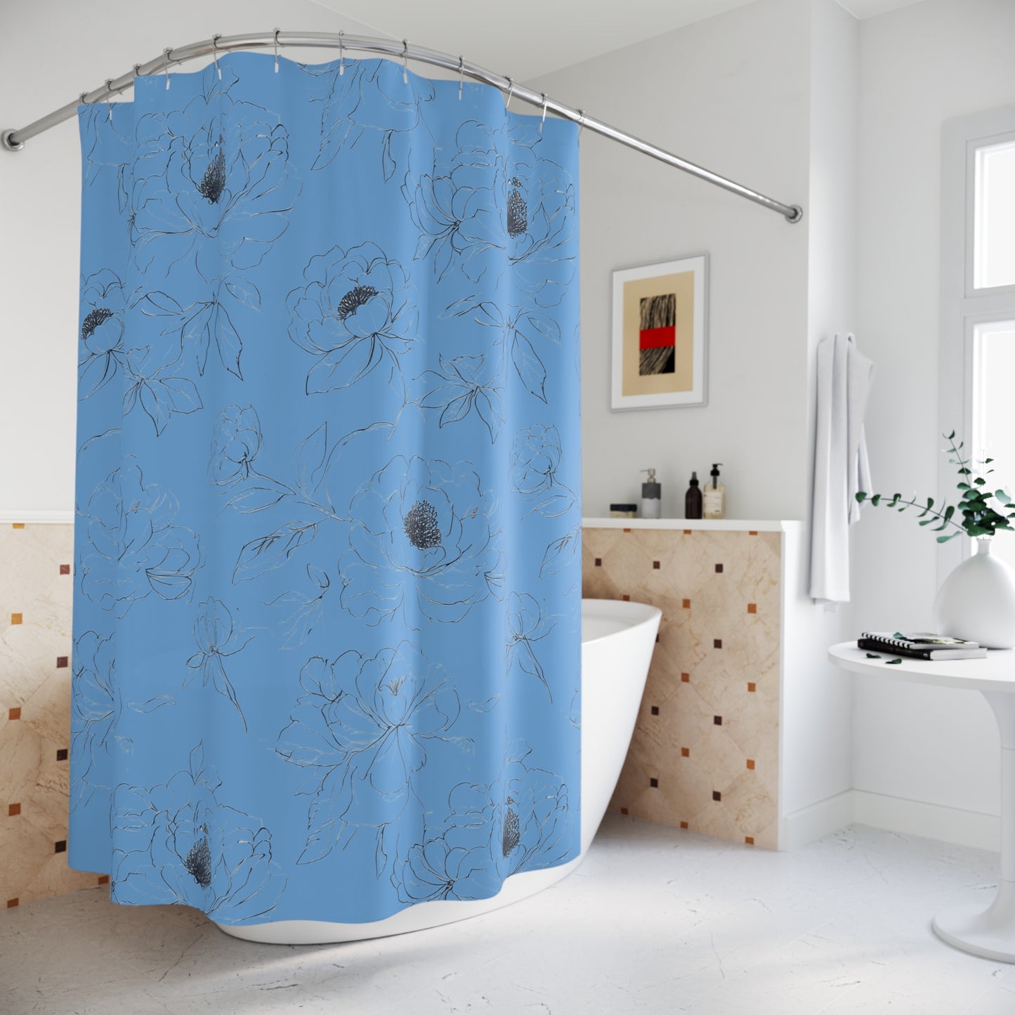 Elegant Floral Shower Curtain, Blue and White Bathroom Decor