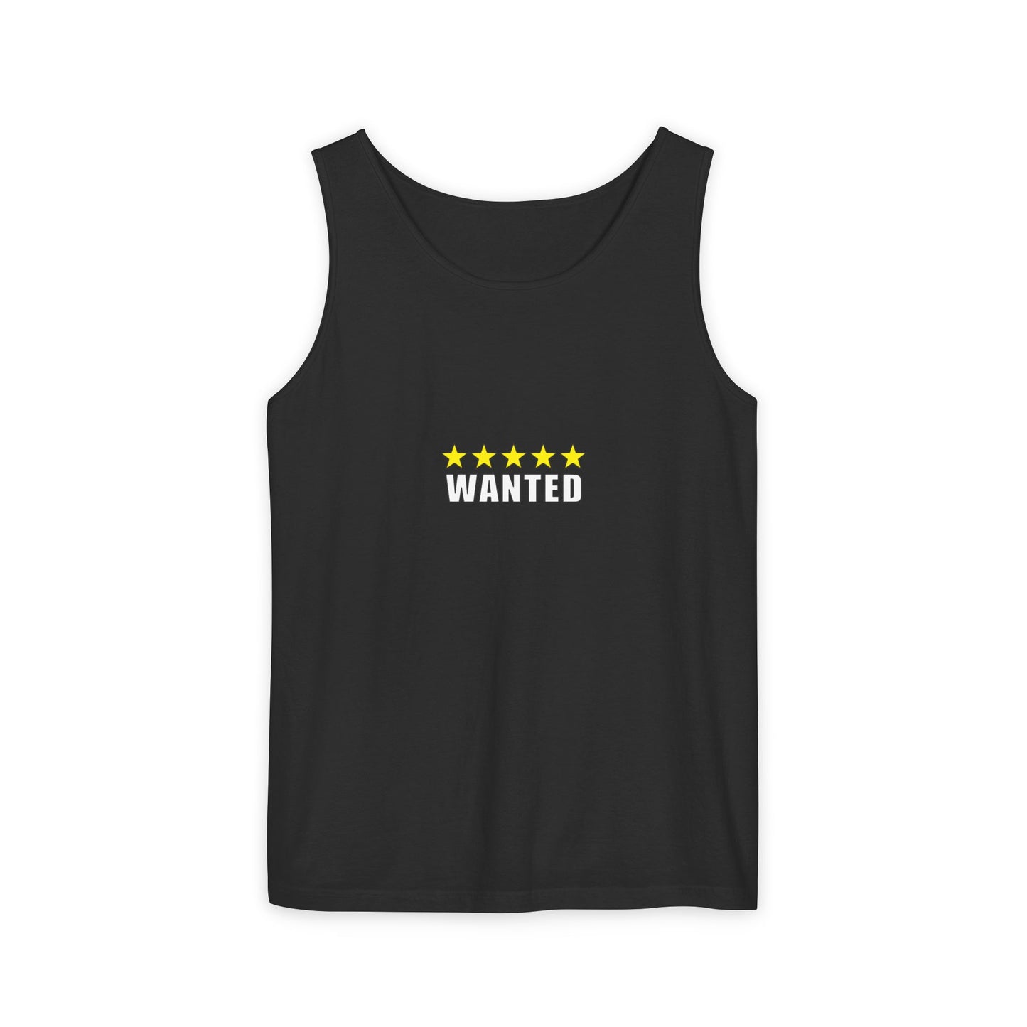 5-Star "WANTED" Garment-Dyed Tank Top, Unisex Summer Shirt, Gift for Him/Her, Trendy Casual Wear, Pool Party Outfit, Unique Graphic Tee