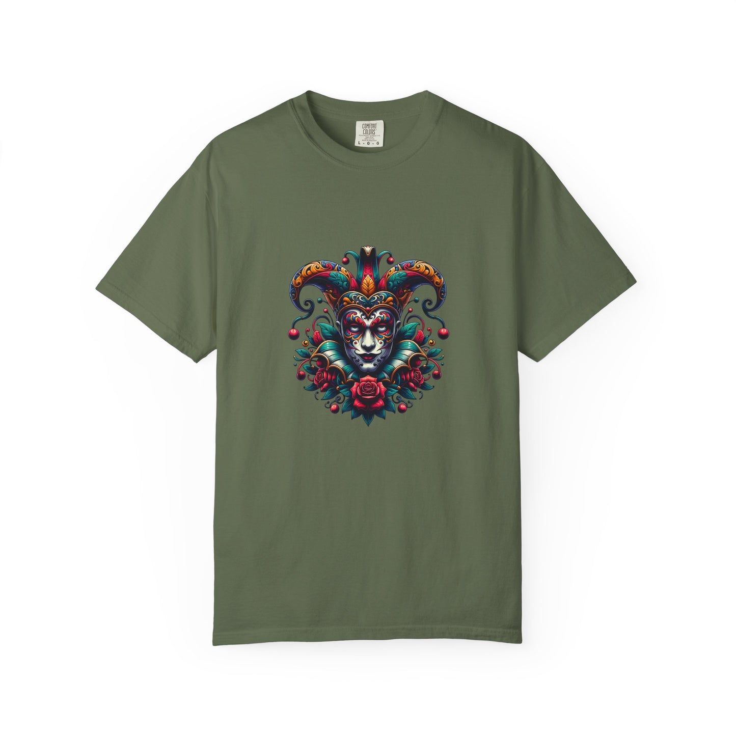 Vibrant Unisex Garment-Dyed T-shirt Featuring Colorful Jester Design, Festival Fashion
