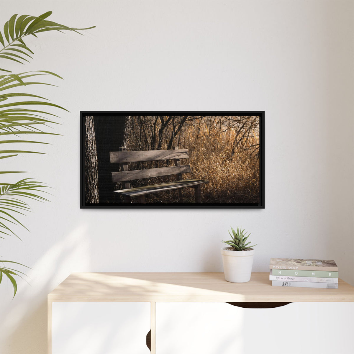 Framed Matte Canvas Print — Autumn Park Bench Photography