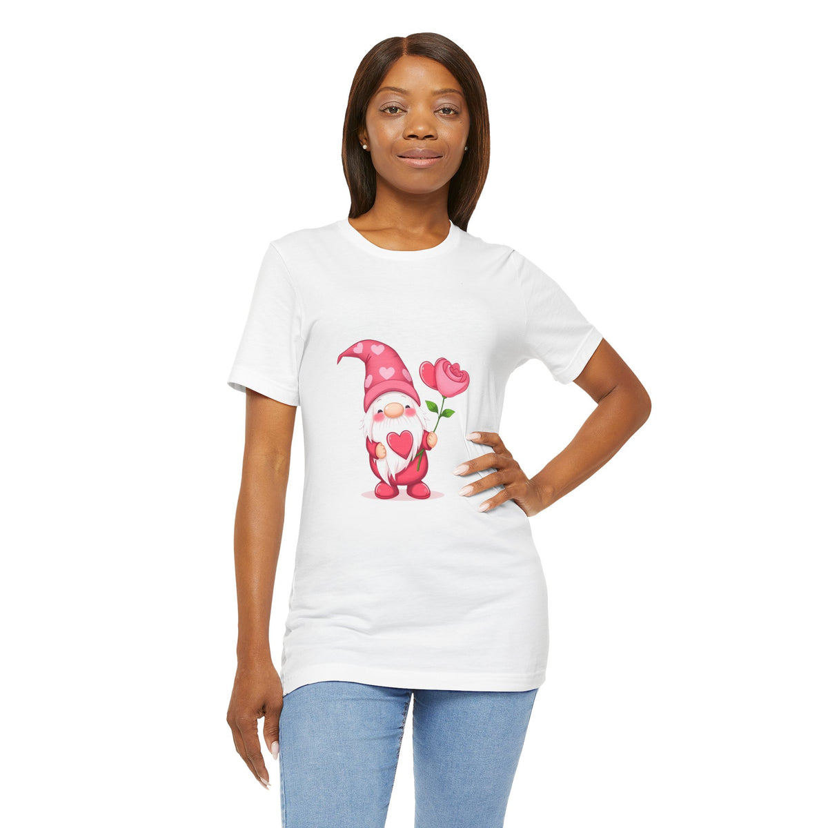 Valentine Gnome T‑Shirt — Cute Pink Gnome Holding Rose Tee