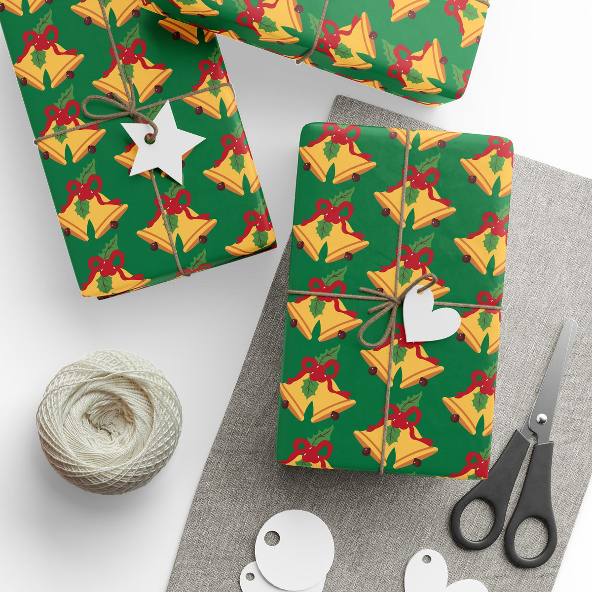 Christmas Bells Wrapping Paper Roll — Green Holly Holiday Gift Wrap