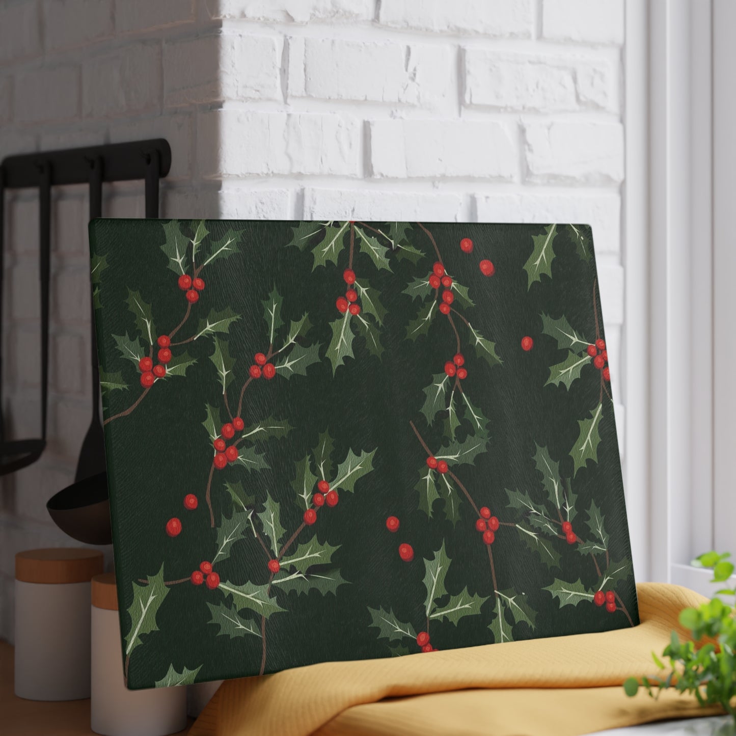 Holly Berry Glass Cutting Board - Festive Christmas Kitchen Decor