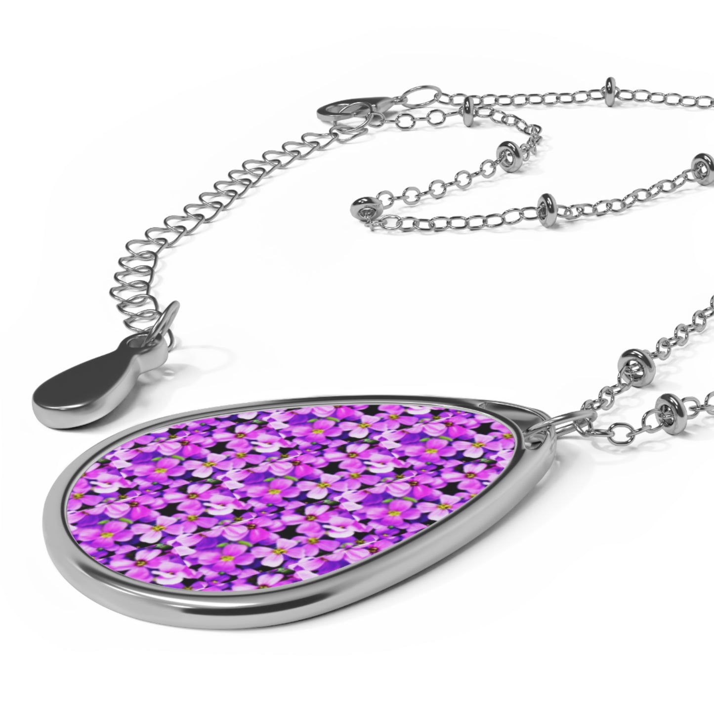 Purple Floral Oval Necklace, Boho Jewelry, Gift for Her, Statement Piece