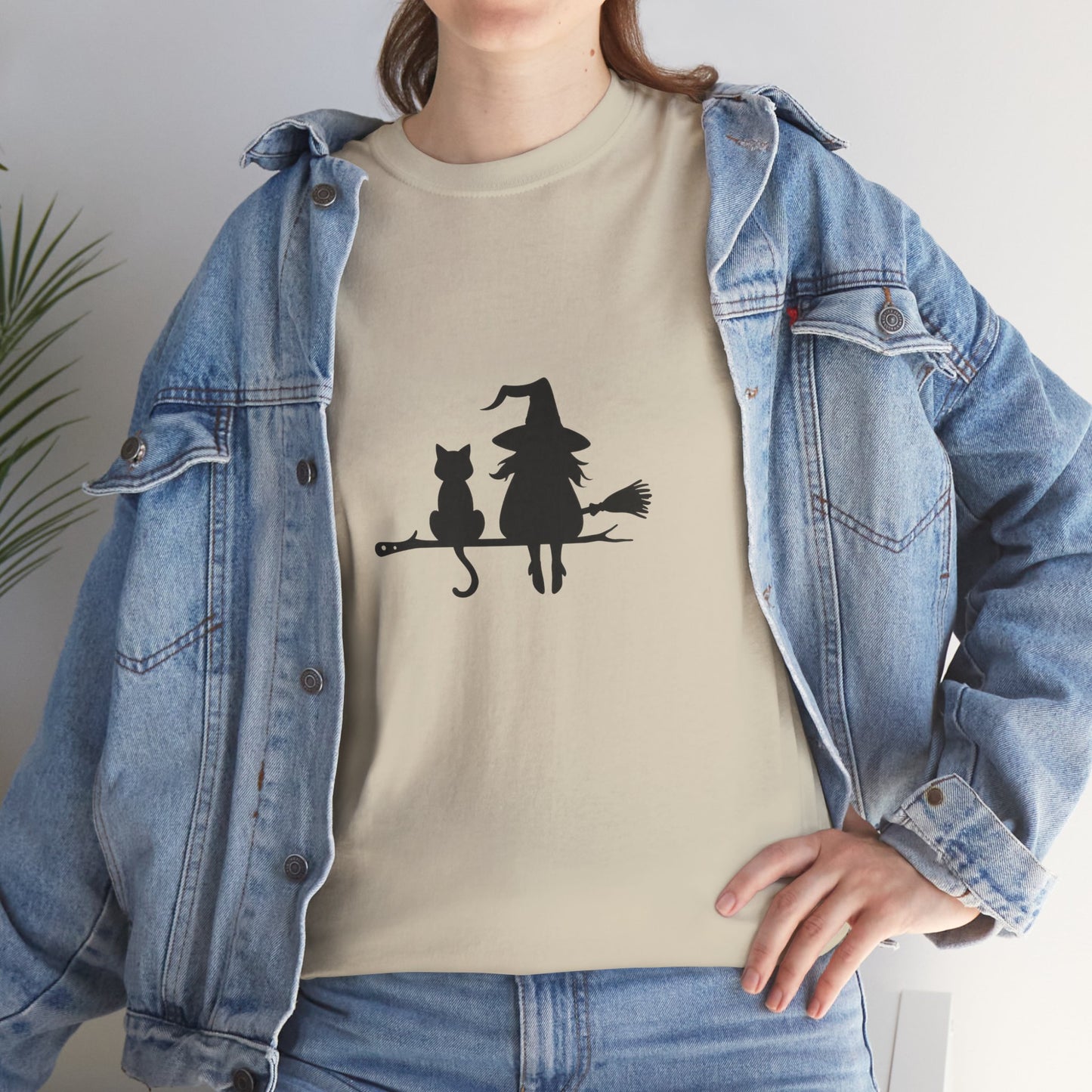 Witch and Cat Tee | Spooky Unisex Shirt for Halloween | Cute Witchwear for Cat Lovers | Fall Wardrobe Essential | Gift for Magical Friends