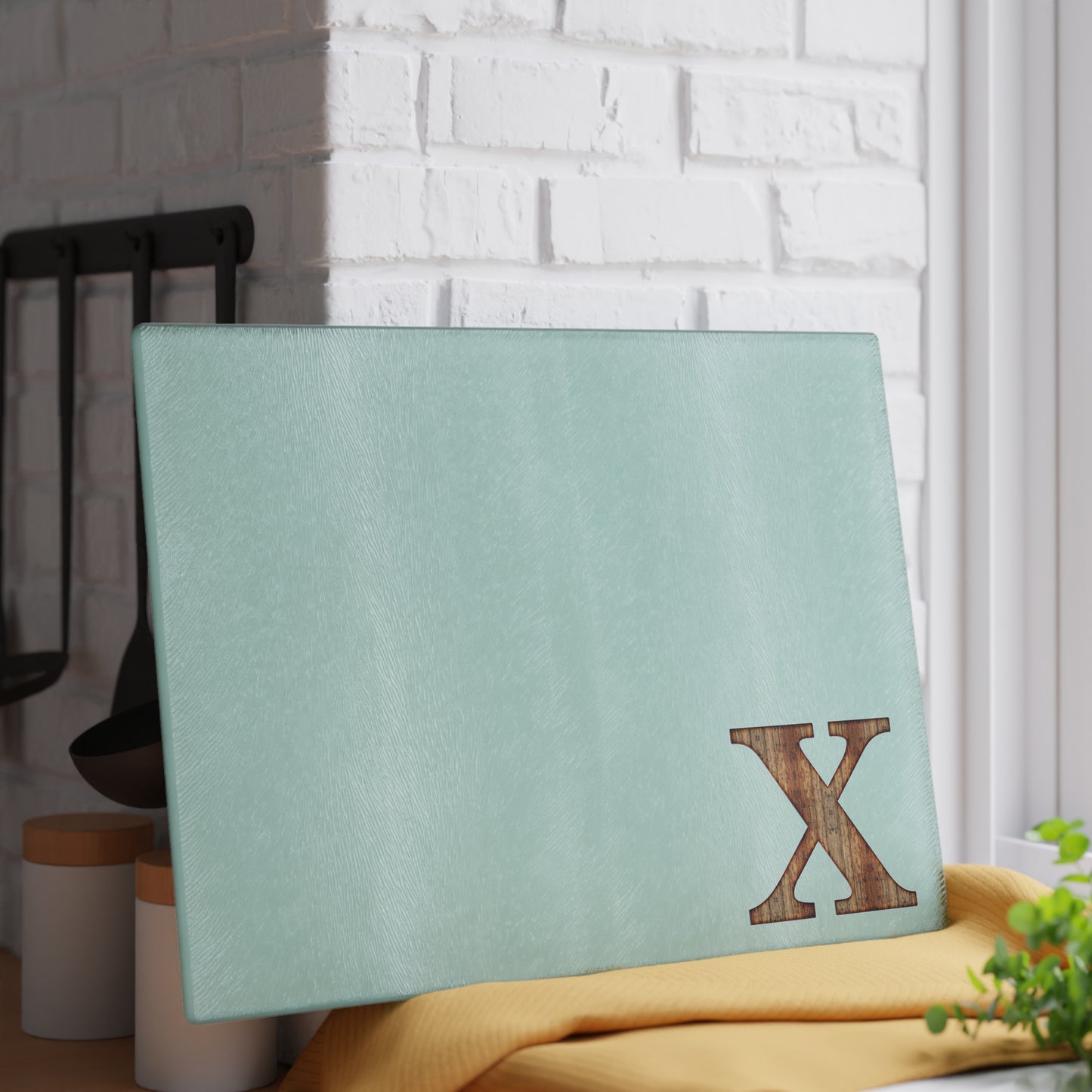 Monogram Glass Cutting Board — Minimal Mint or Clear Glass with Wood 'X' Accent