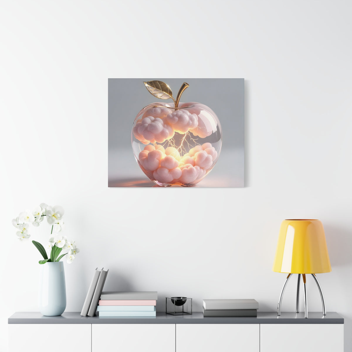 Surreal Glass Apple Canvas – Lightning & Pink Clouds Wall Art