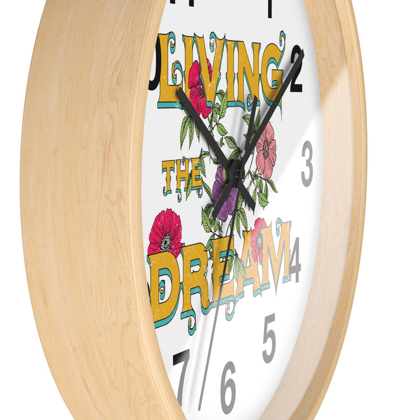 Living the Dream Floral Wall Clock, Boho Home Decor, Motivational Gift, Office Clock, Unique Wall Art