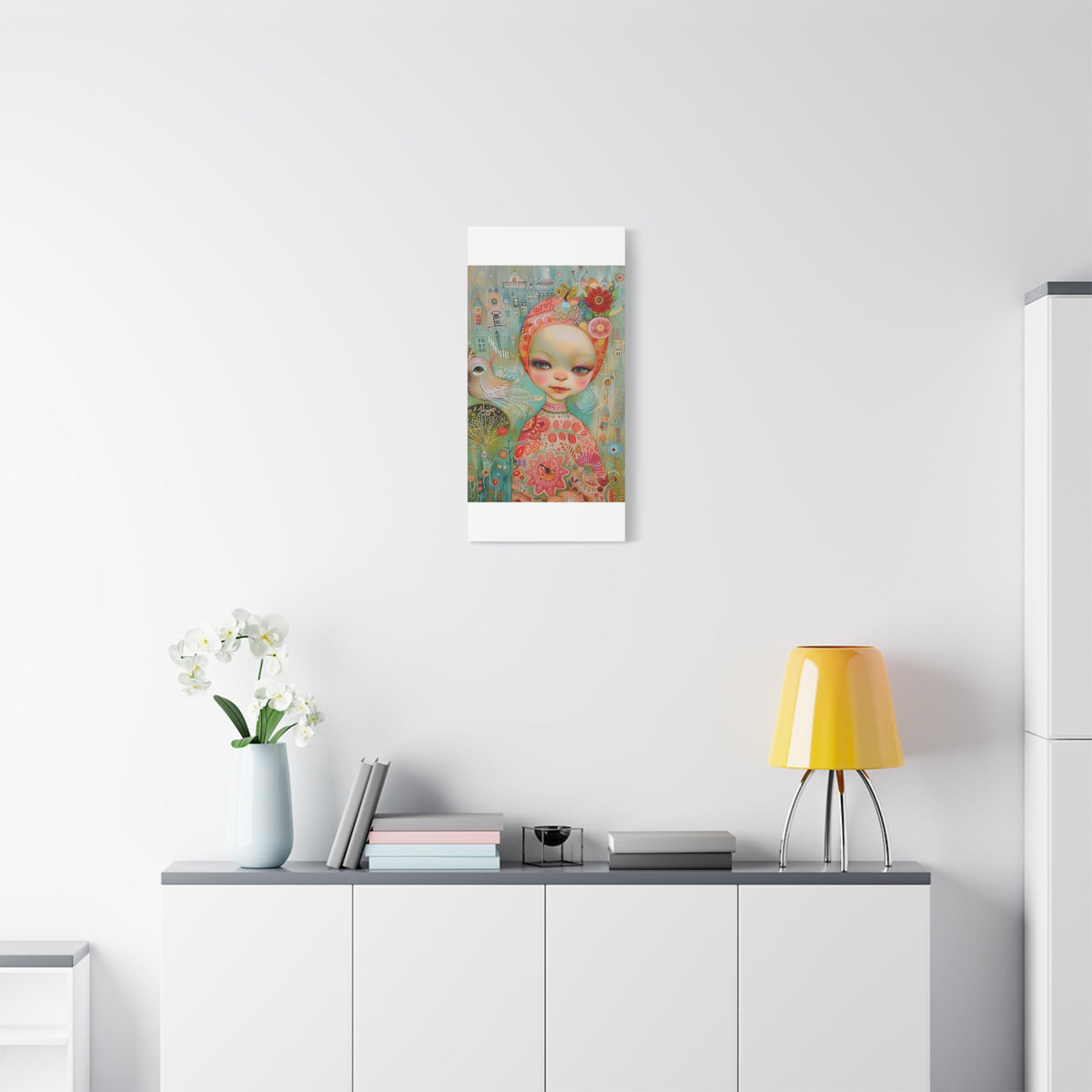 Whimsical Girl & Bird Matte Canvas Wall Art — Stretched Decorative Painting
