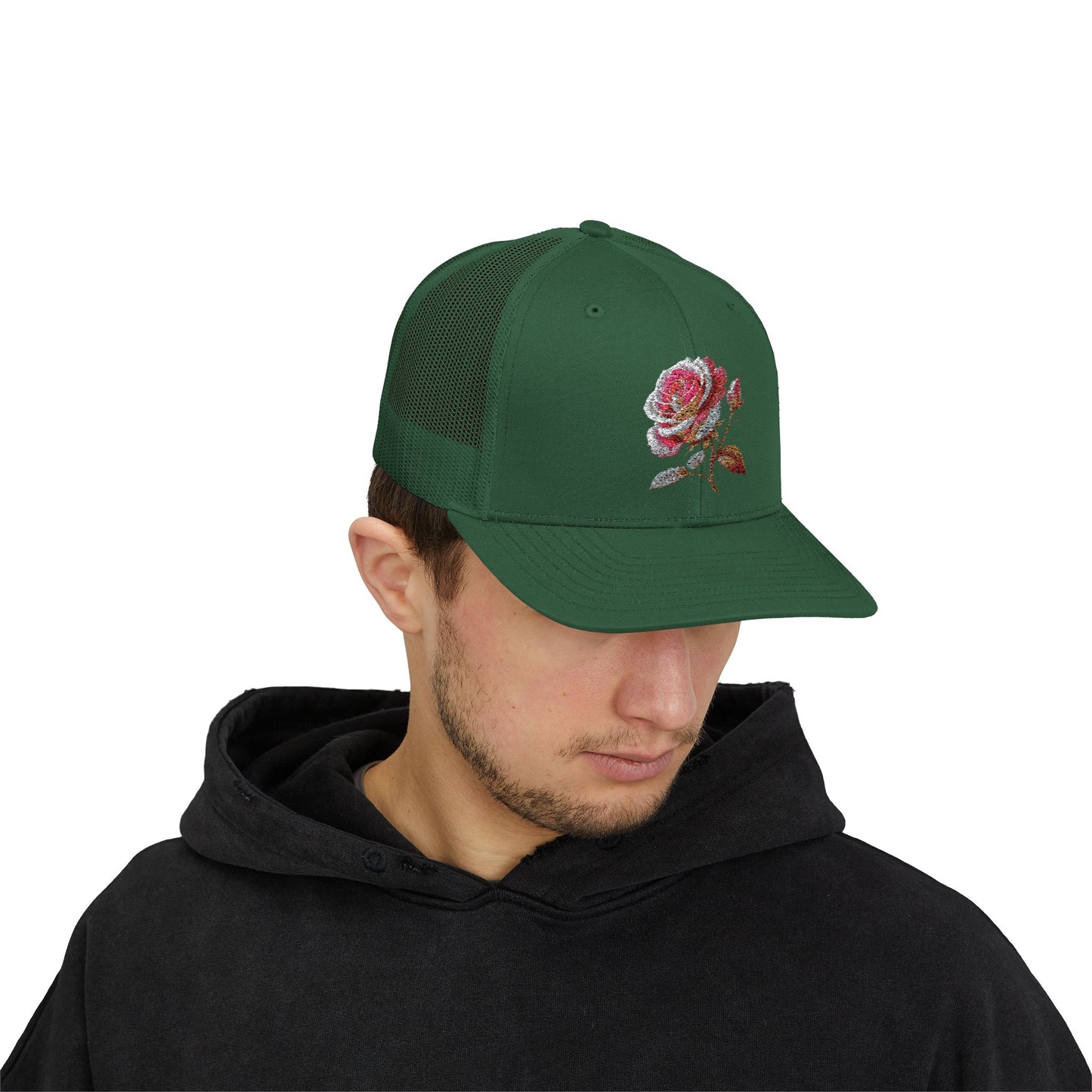 Rose Embellished Snapback Trucker Cap, Casual Hat for Outdoor Events, Gift for Flower Lovers, Stylish Fashion Accessory, Holiday Cap
