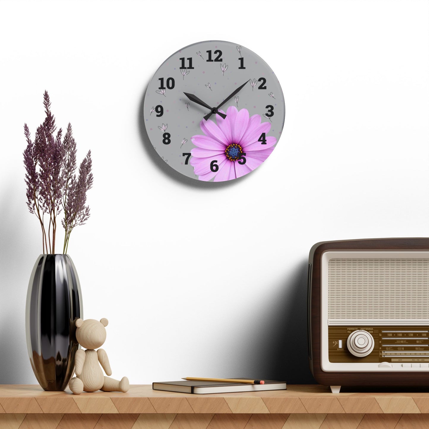 Floral Acrylic Wall Clock Spring Decor, Home Office Accessory
