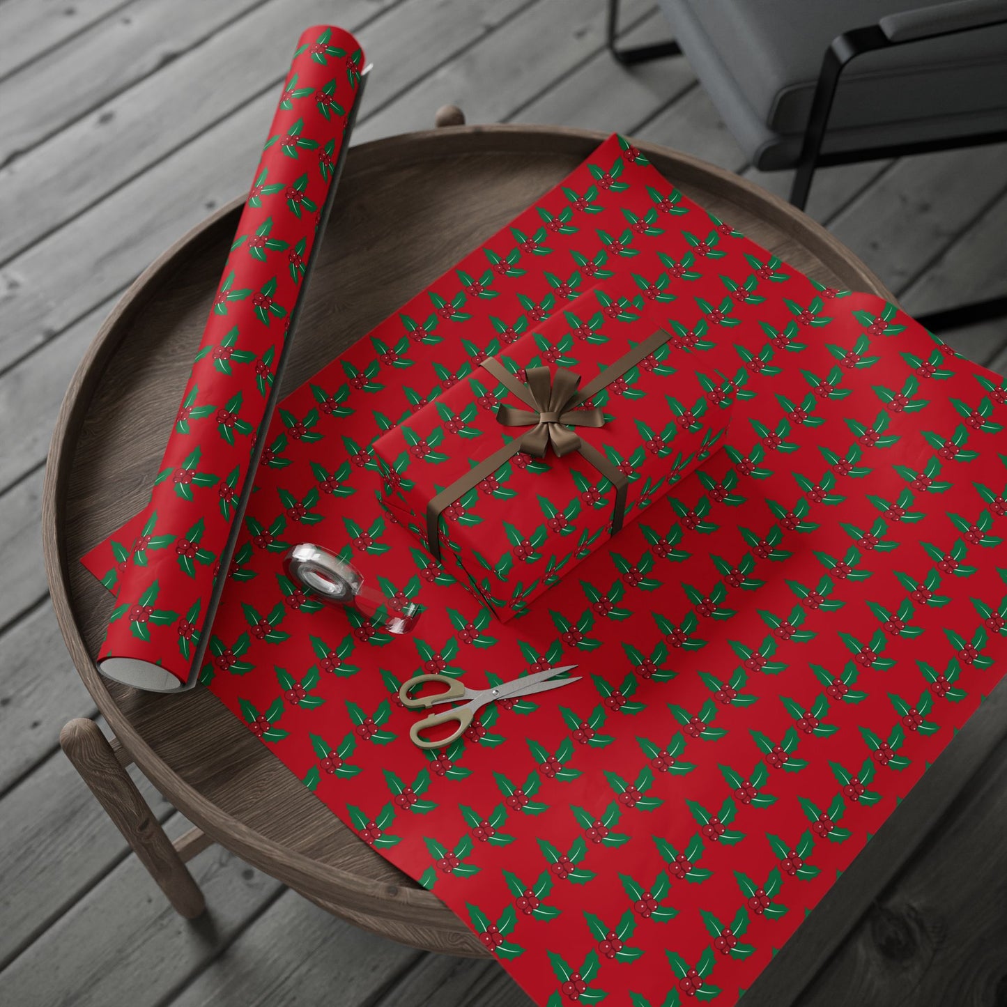 Festive Wrapping Paper Roll | Holiday Gift Wrap | Christmas Gift Wrap | Red Holly Design | Eco-Friendly Gift Wrap