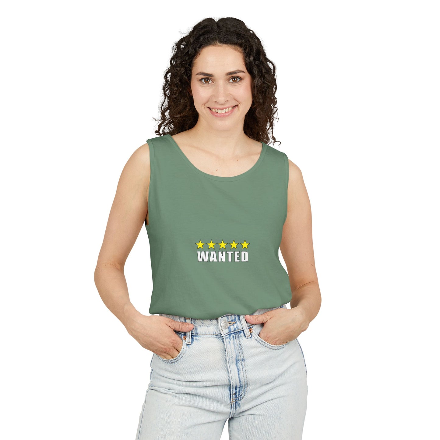 5-Star "WANTED" Garment-Dyed Tank Top, Unisex Summer Shirt, Gift for Him/Her, Trendy Casual Wear, Pool Party Outfit, Unique Graphic Tee