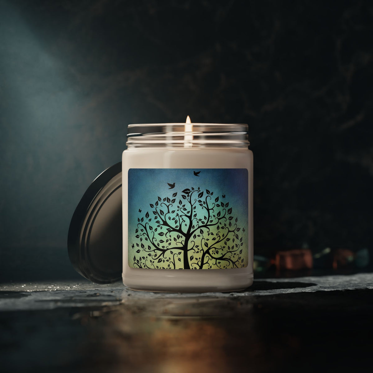 Tree of Life Scented Soy Candle — 9oz Jar, Calming Green-Blue Aromatherapy Candle