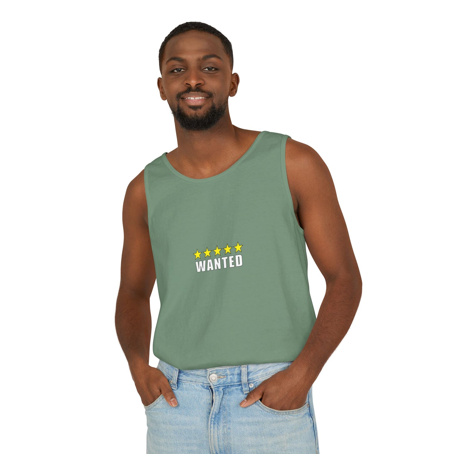 5-Star "WANTED" Garment-Dyed Tank Top, Unisex Summer Shirt, Gift for Him/Her, Trendy Casual Wear, Pool Party Outfit, Unique Graphic Tee