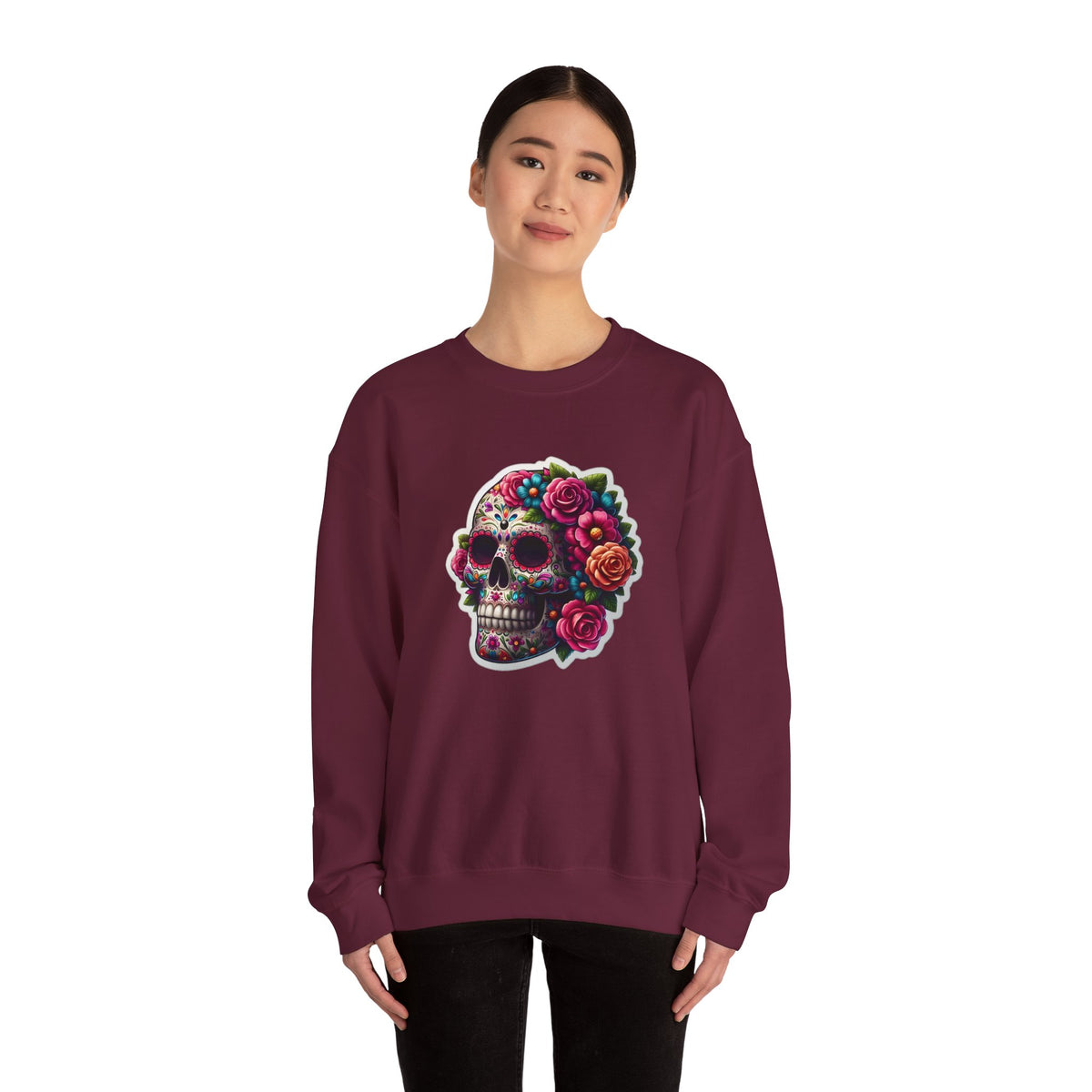 Sugar Skull Crewneck Sweatshirt — Floral Day of the Dead Graphic