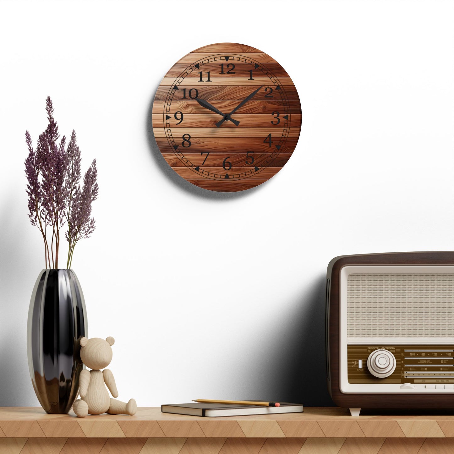 Rustic Wooden Design Acrylic Wall Clock, Home Decor, Gift for Her, Farmhouse Style, Kitchen Wall Art