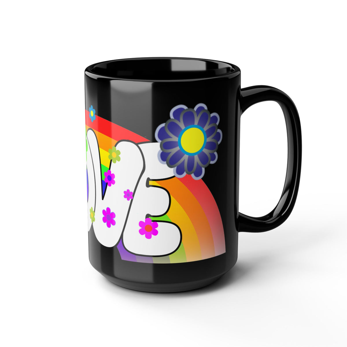 Love Rainbow 70s Flower Power Black 15oz Mug