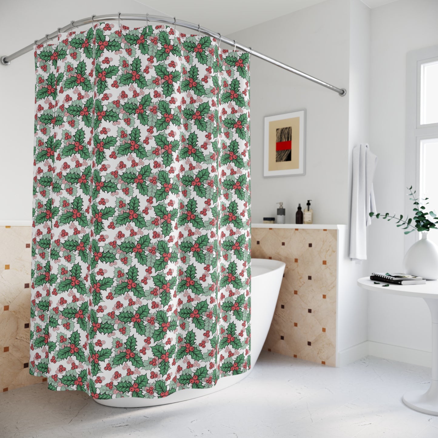 Festive Holly Shower Curtains | Holiday Bathroom Decor, Christmas Gift, Winter Home Accents, Seasonal Decoration, Merry & Bright