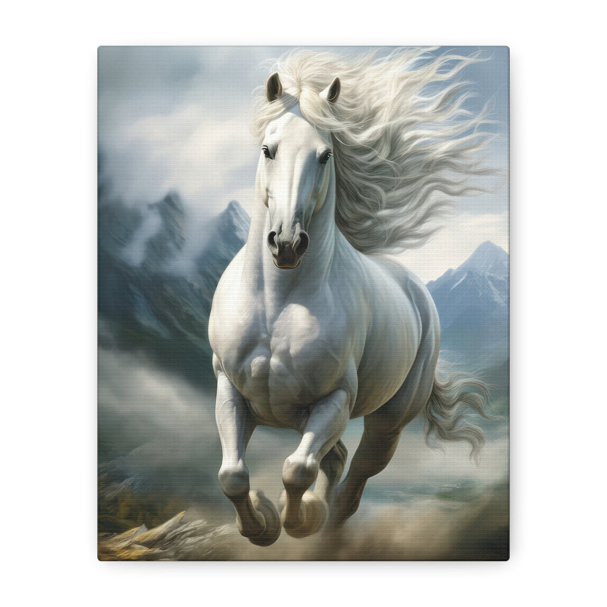 White Stallion Canvas Print – Majestic Galloping Horse Wall Art