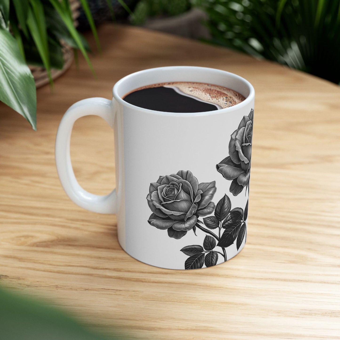 Elegant Floral Ceramic Mug - Black and White Rose Design, Coffee Cup, Gift for Her, Home Decor, Tea Lover's Perfect Mug