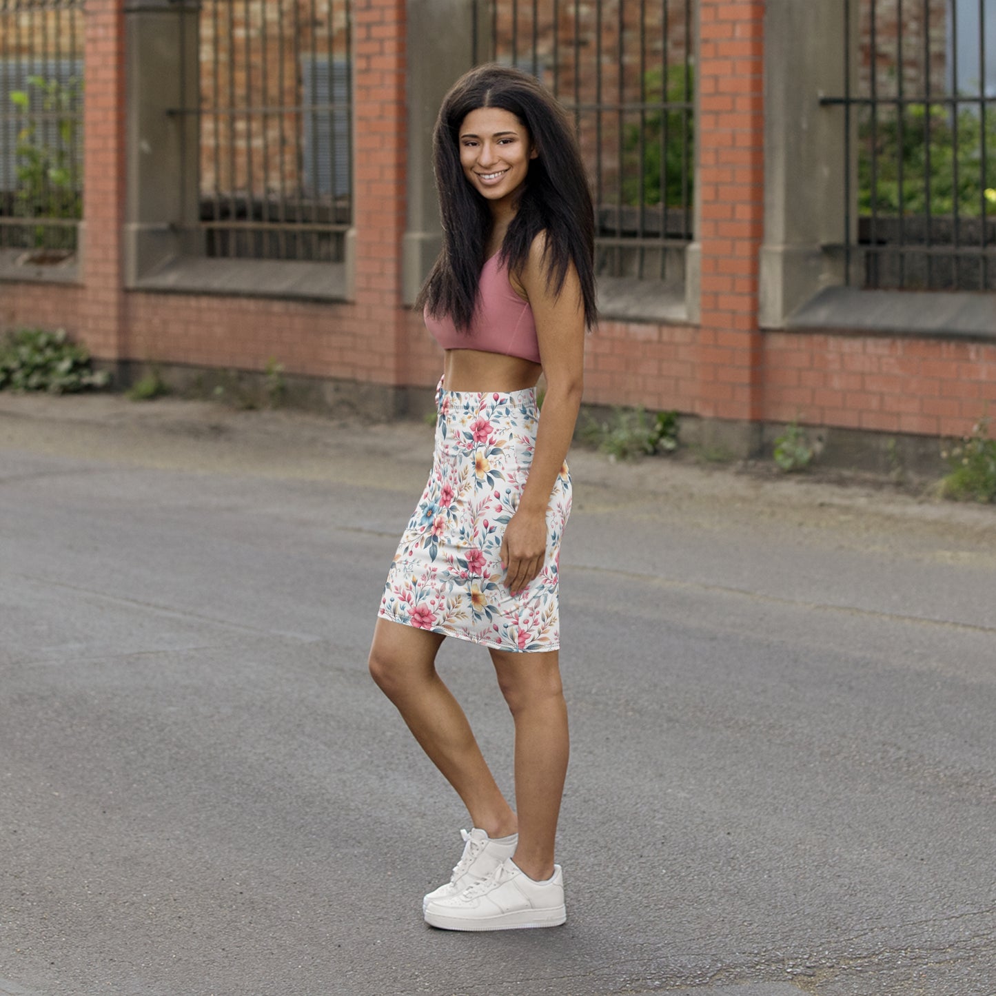 Floral Watercolor Pencil Skirt — Pastel Bouquet Mid‑Waist Women's Skirt