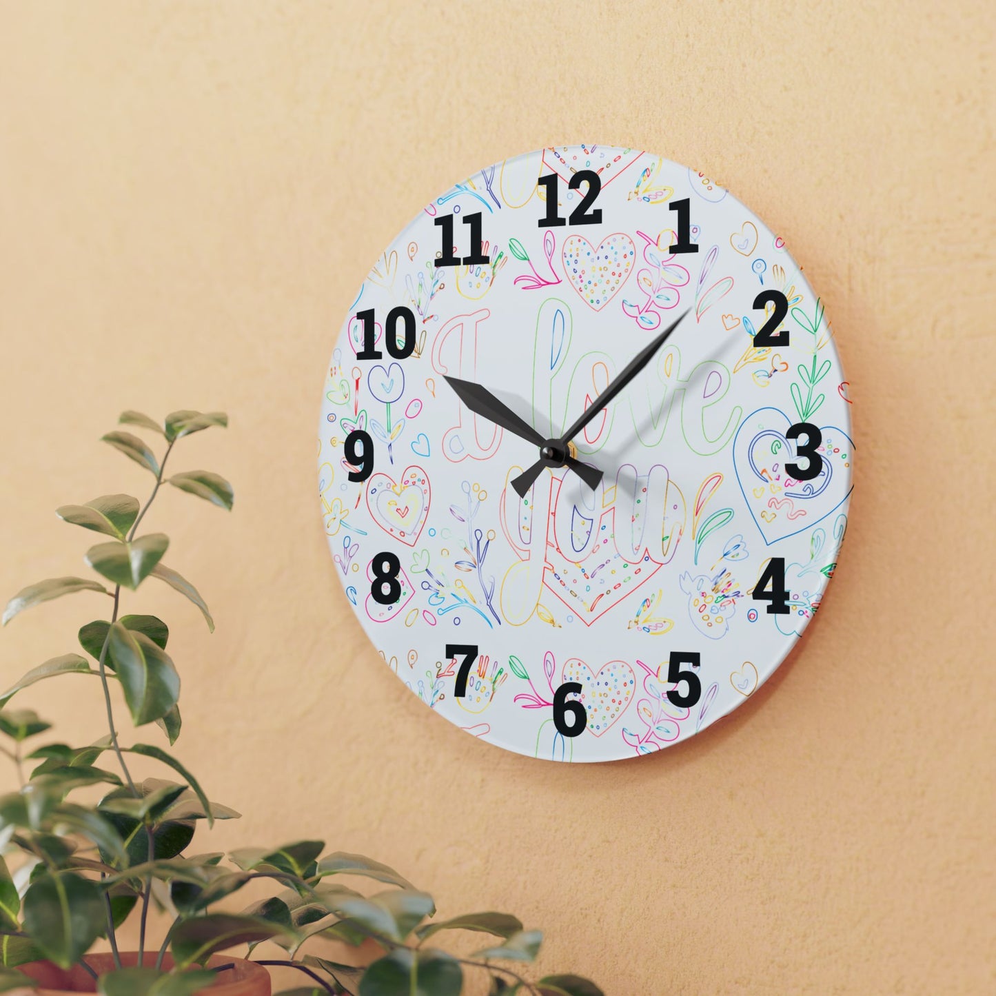 Whimsical Acrylic Wall Clock - Love You Decor, Heart Design, Gift for Her,