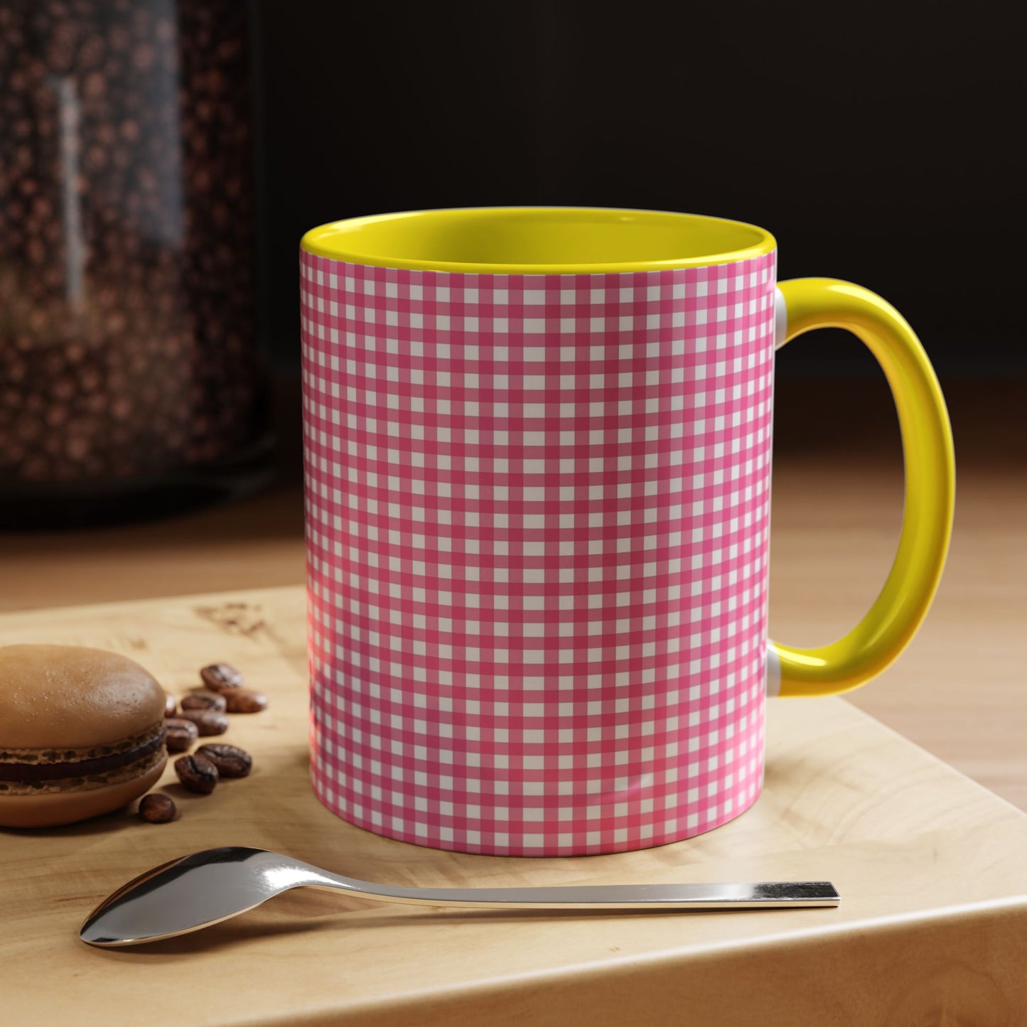 Pink Gingham Accent Coffee Mug, Cute Kitchen Decor, Gift for Coffee Lovers, Home Office Mug, Spring and Summer Vibes