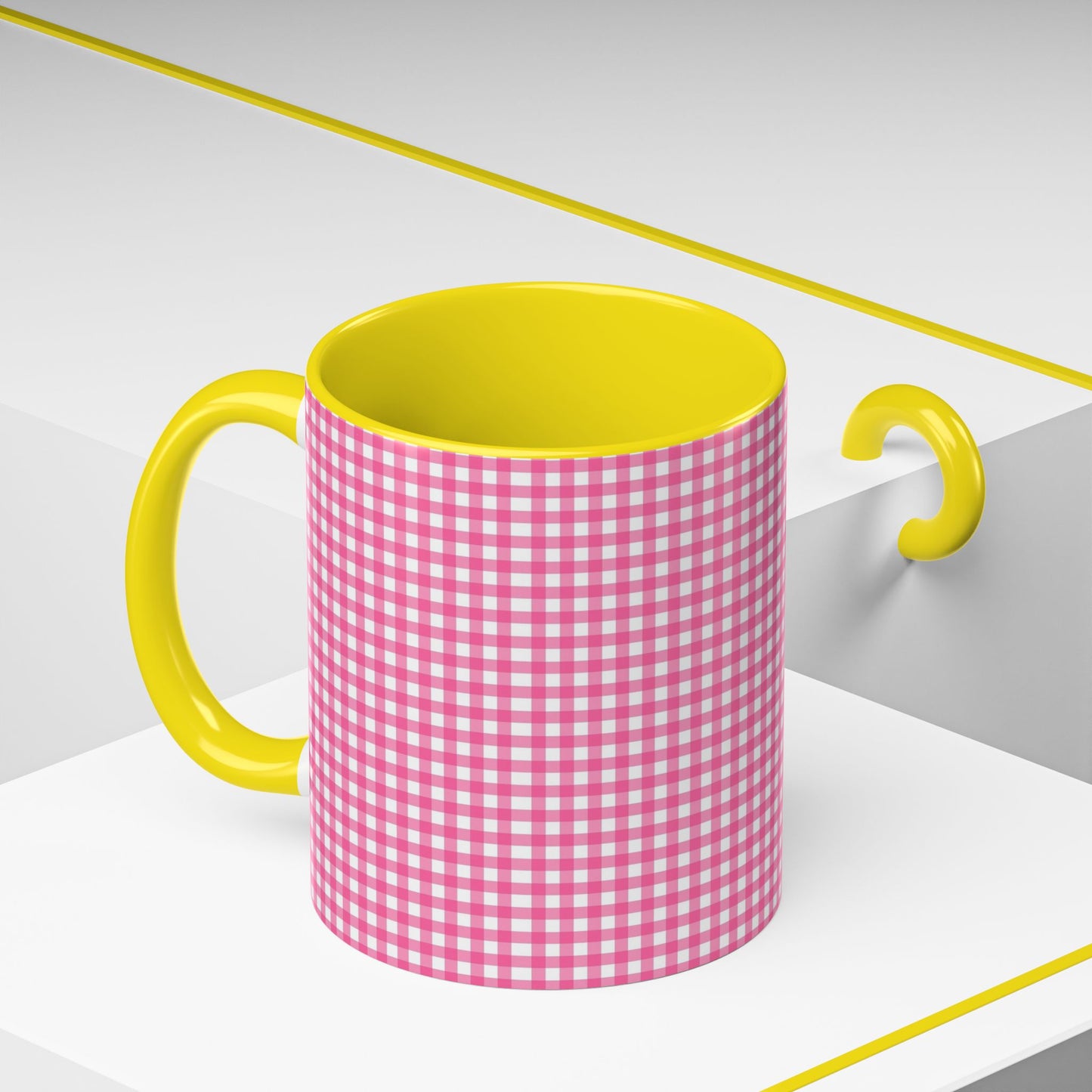 Pink Gingham Accent Coffee Mug, Cute Kitchen Decor, Gift for Coffee Lovers, Home Office Mug, Spring and Summer Vibes