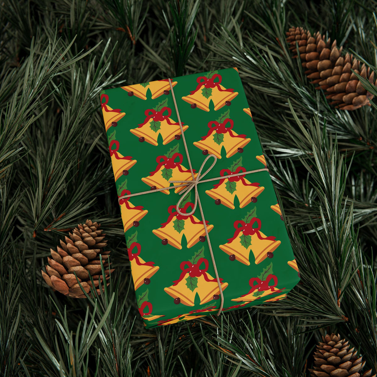 Christmas Bells Wrapping Paper Roll — Green Holly Holiday Gift Wrap