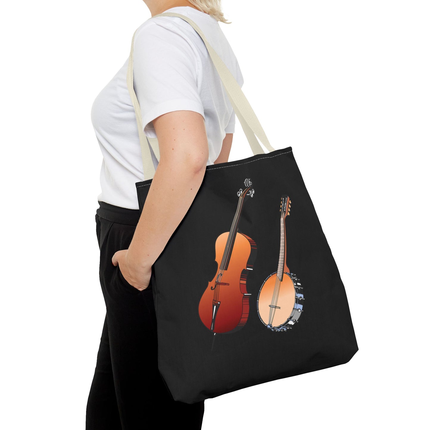 Musical Instruments Tote Bag, Music Lover Gift, Banjo and Cello Design, Stylish Grocery Tote, Concert Bag, Eco-Friendly Carryall