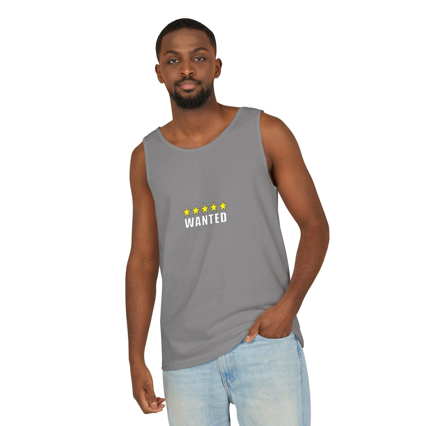 5-Star "WANTED" Garment-Dyed Tank Top, Unisex Summer Shirt, Gift for Him/Her, Trendy Casual Wear, Pool Party Outfit, Unique Graphic Tee