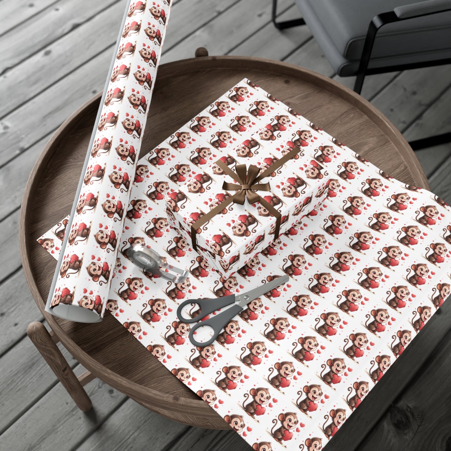 Cute Monkey Valentine's Gift Wrap Paper, Festive Wrapping Paper for Kids, Holiday Gift Wrap, Birthday Wrap, Monkey Love Print
