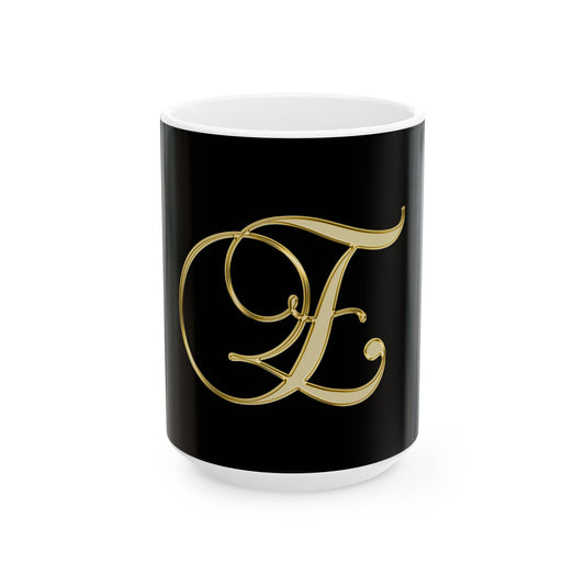 Monogram 'E' Gold Script Ceramic Mug — Elegant Initial Coffee Cup (11oz, 15oz)
