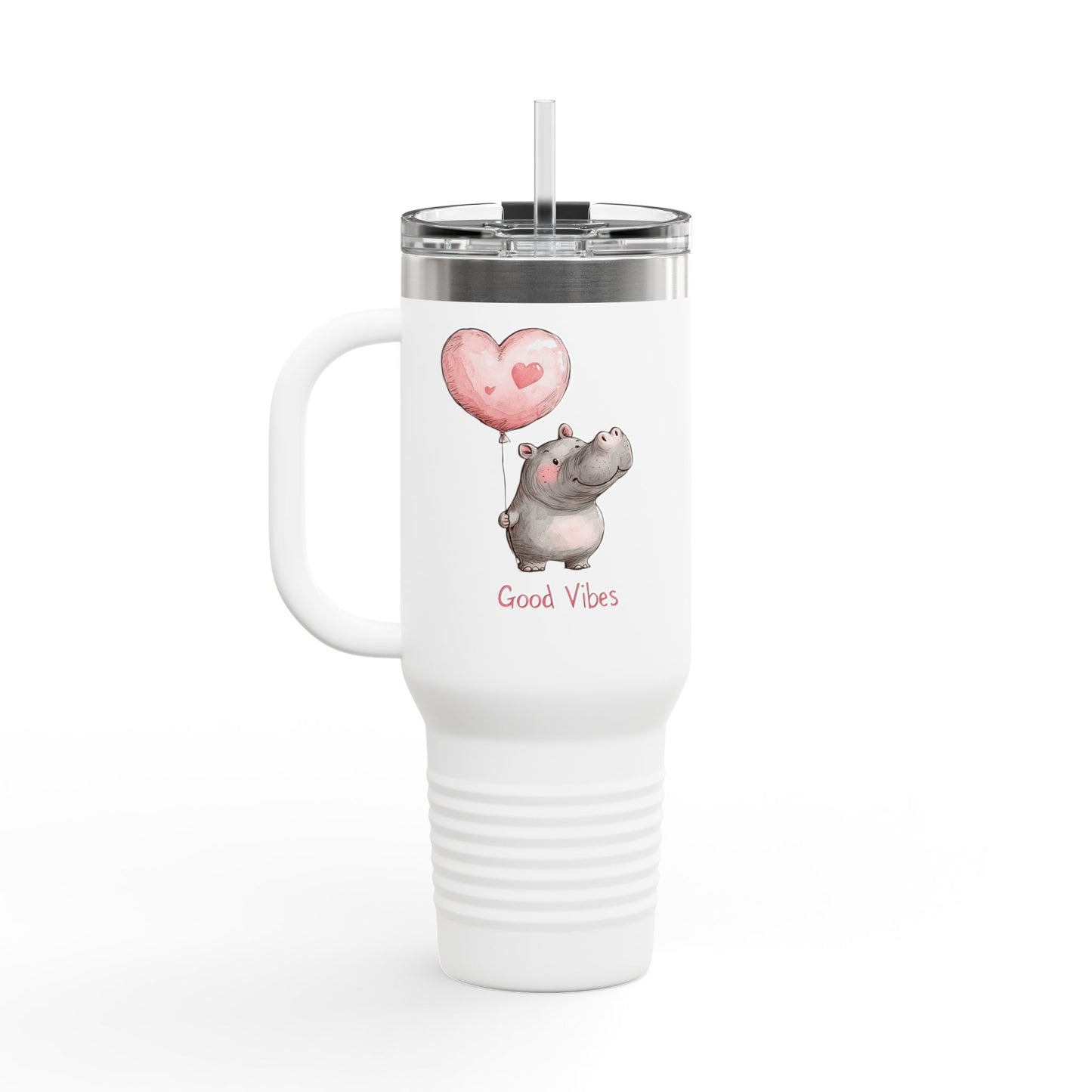 Cute Hippo Good Vibes Insulated Travel Mug | 40oz | Fun Drinkware | Perfect for Travel, Gifts, Picnic, or Daily Use
