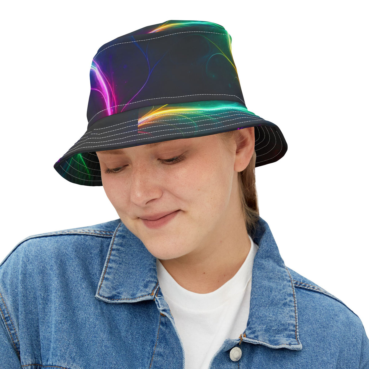 Neon Wave Bucket Hat — Abstract Glow AOP Summer Hat