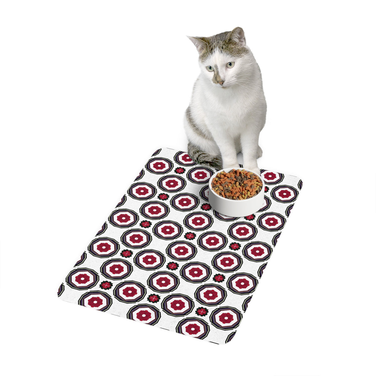 Pet Food Mat — Red & Black Geometric Paw Print Placemat (12x18)