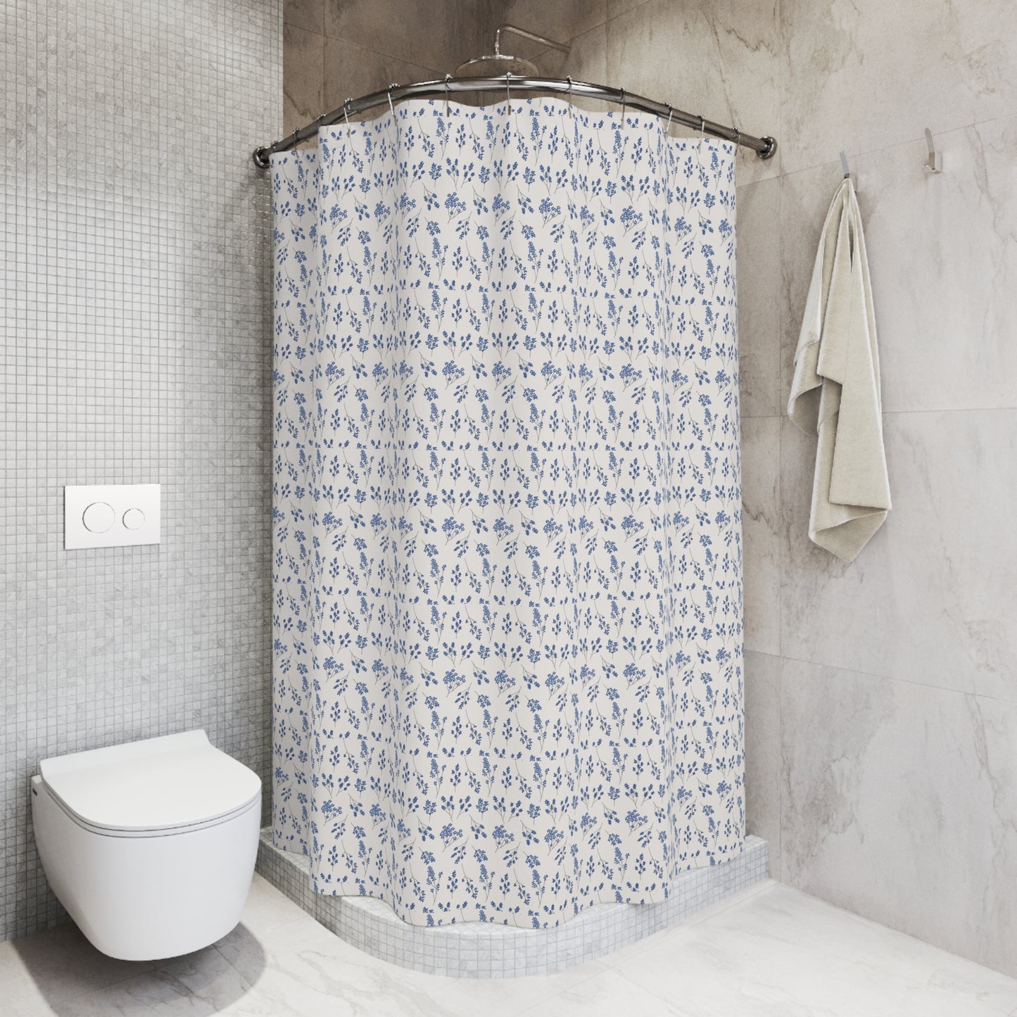 Blue Floral Shower Curtain – Vintage Ditsy Pattern for Cottage, Coastal & Farmhouse Bathrooms