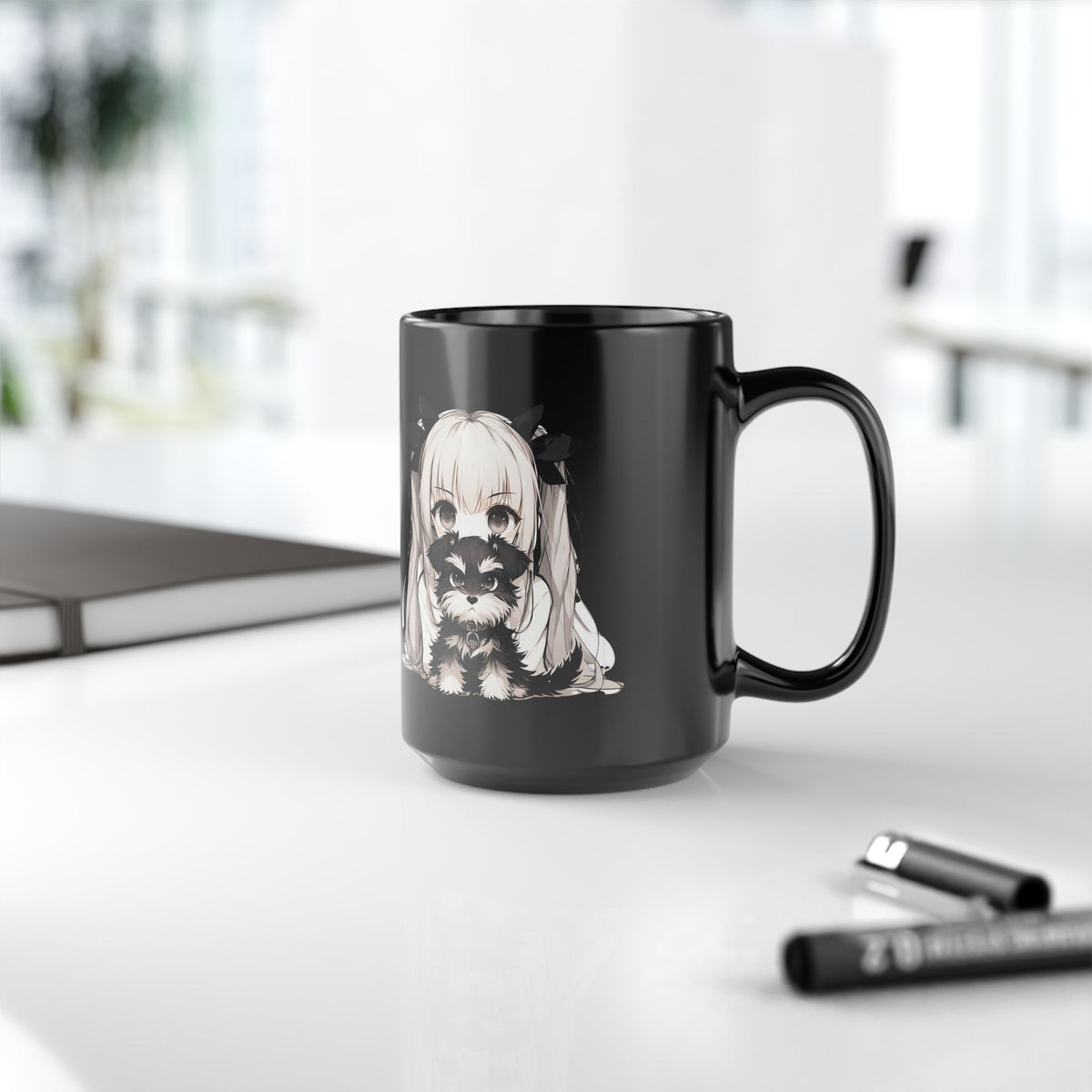 Cute Anime Girl with Raccoon 15oz Black Mug