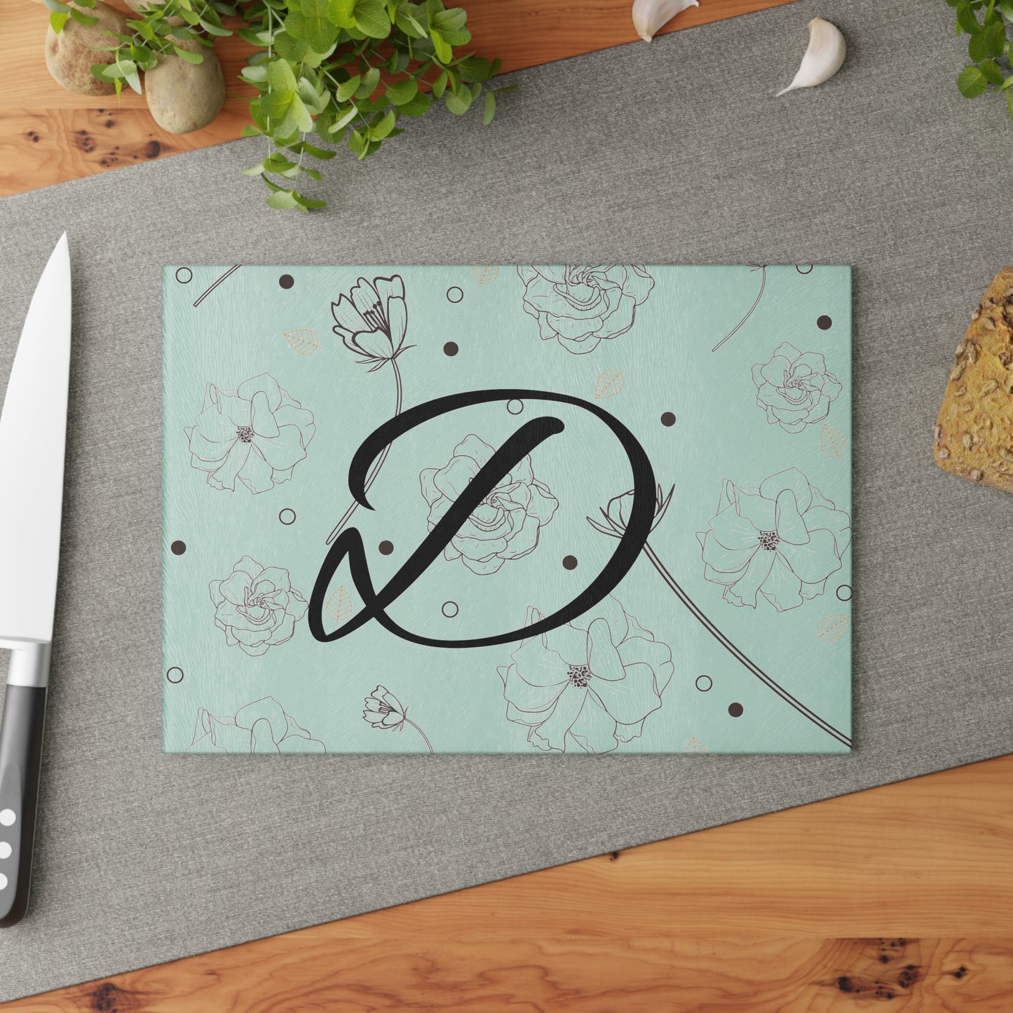 Personalized Floral Glass Cutting Board, Custom Kitchen Decor, Monogrammed Gift, Wedding Gift, Cooking Accessories, Housewarming