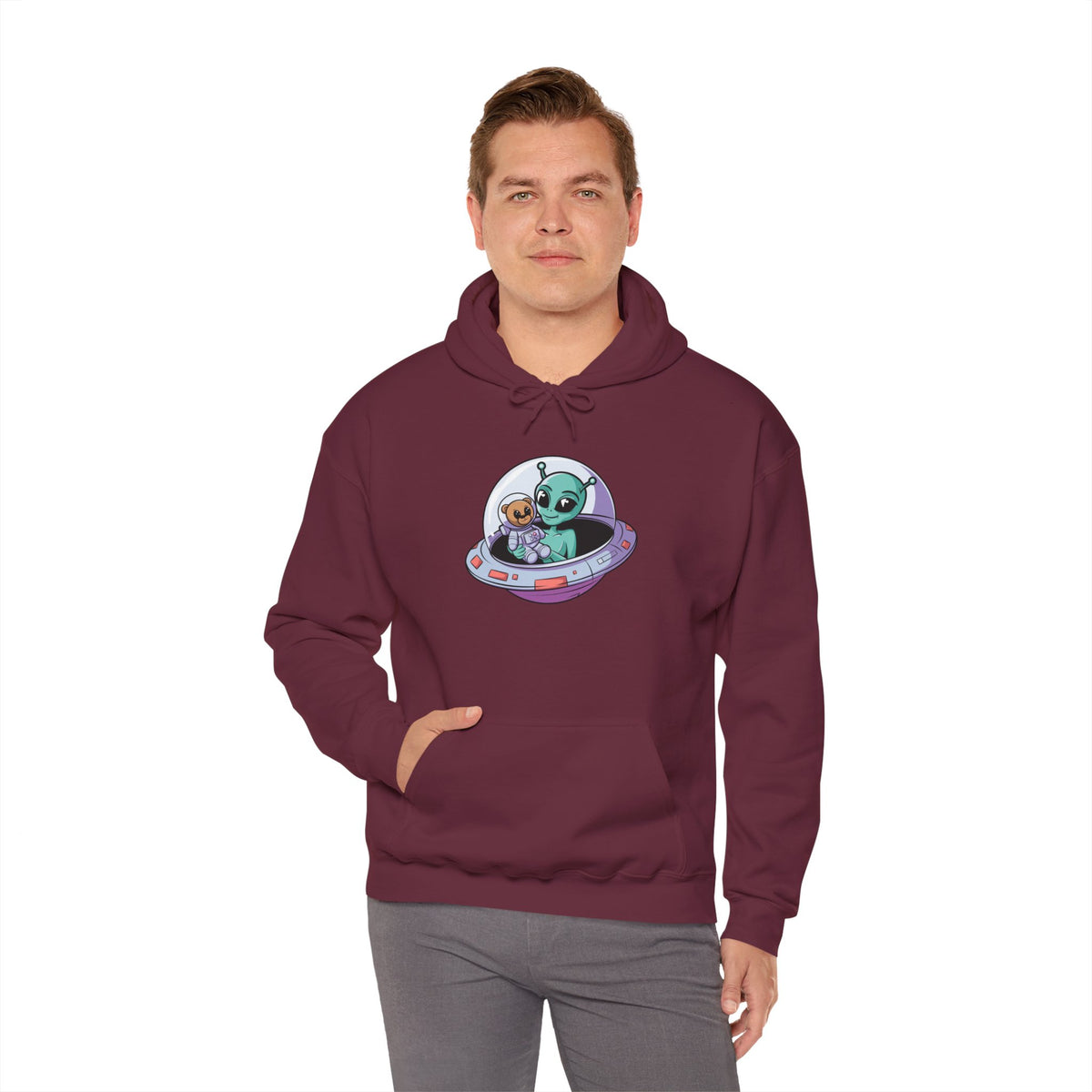 Cute Alien and Kid Hoodie, Unisex Heavy Blend Sweatshirt, UFO Lover Gift, Halloween Costume, Space-Themed Outfit, Birthday Present