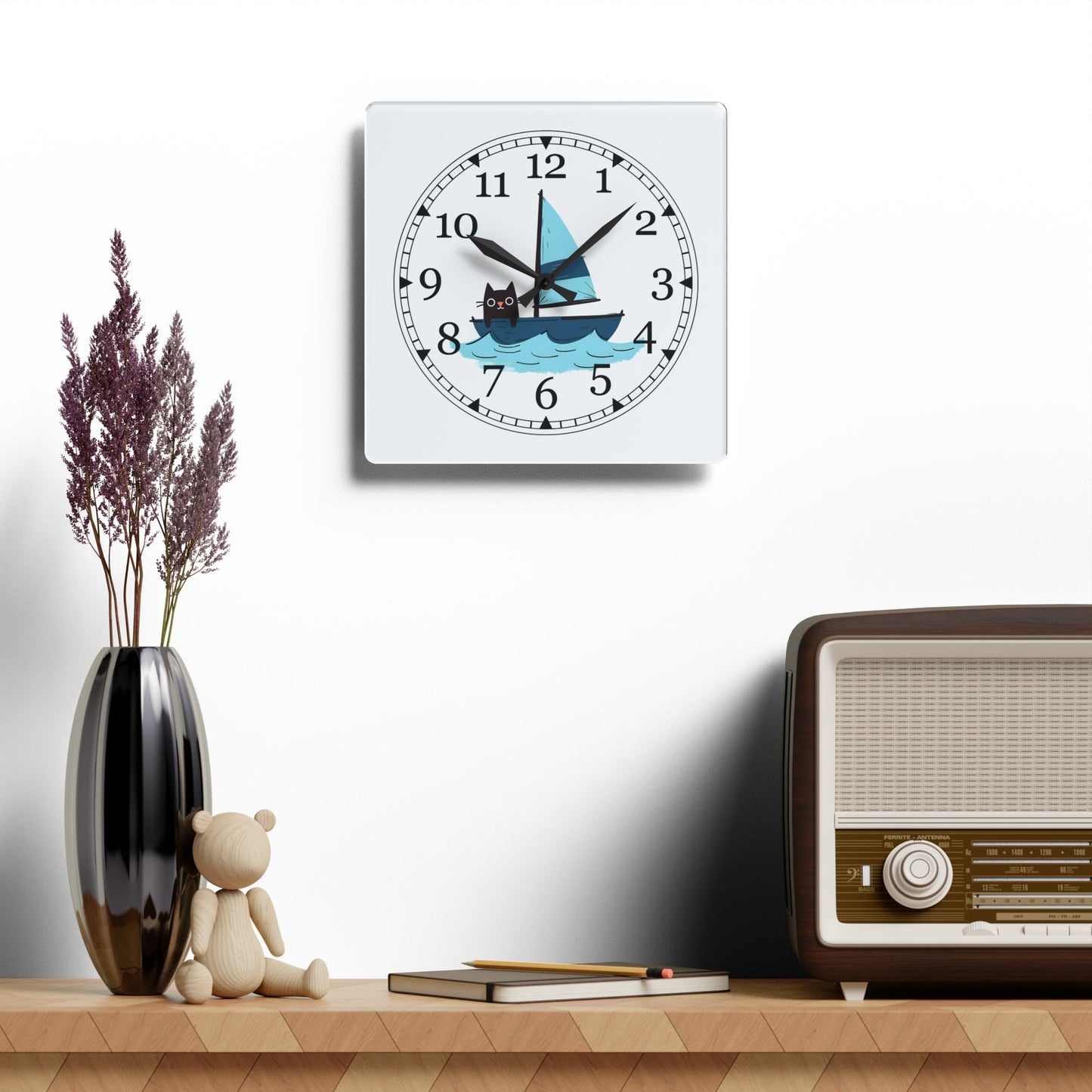 Sailing Cat Acrylic Wall Clock, Cute Home Decor, Nautical Gift, Cat Lover's Wall Art, Unique Timepiece, Kids Room Decoration